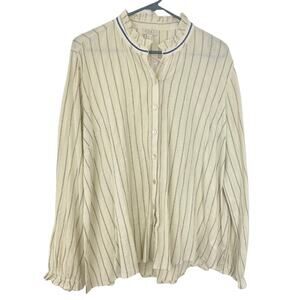 LOGO by Lori Goldstein Cream and Black Striped Blouse Ruffle Collar and Sleeves